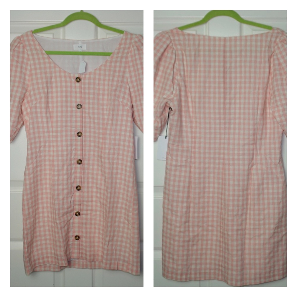 NWT LPA Pink White Gingham Puff Sleeve 1/2 Sleeve Mini Dress Button Front Sz LG